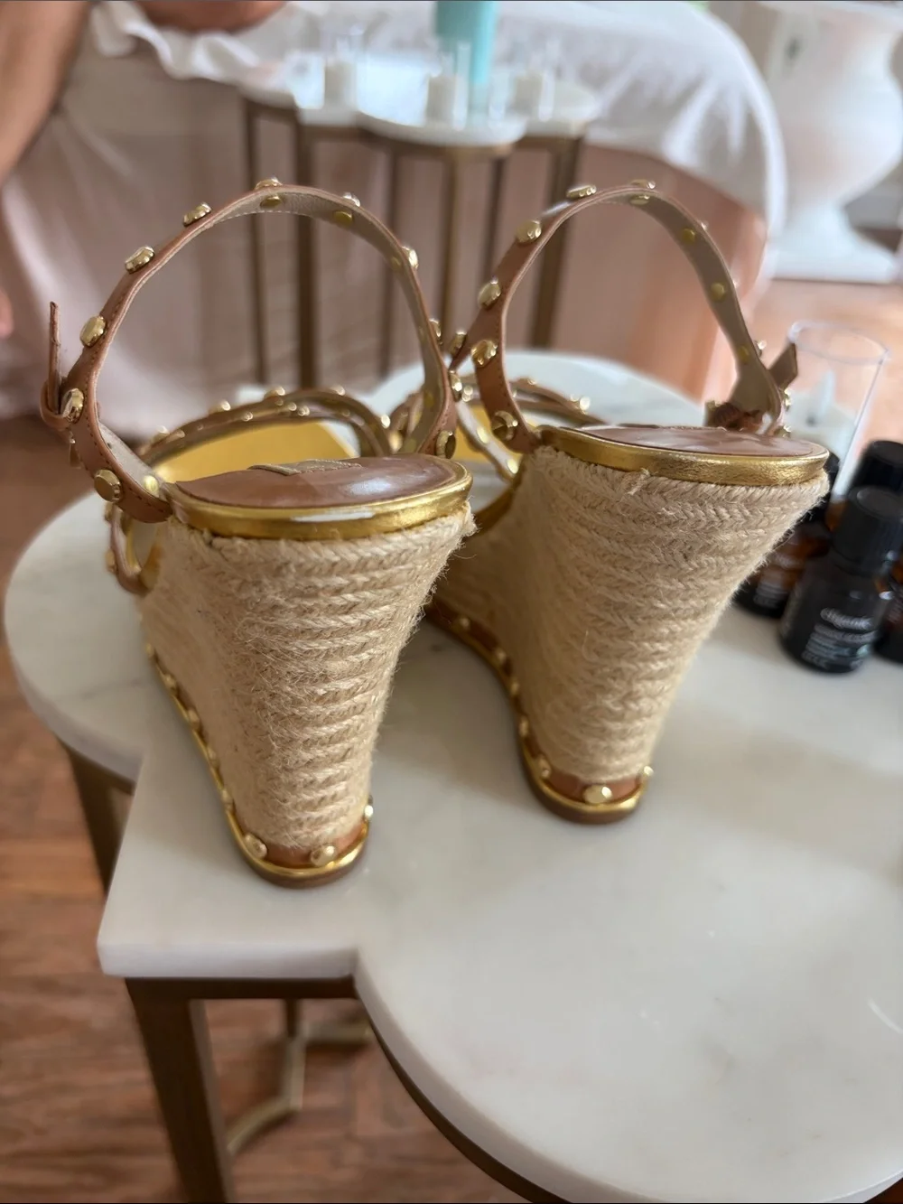 Michael Kors Brown Leather Espadrille Wedge Sandals with Gold Studs